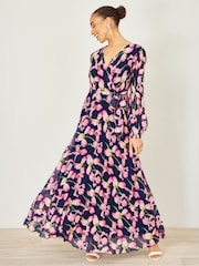 أزرق - Yumi Orchid Floral Pleated Wrap Maxi Dress - صورة 1 من 5