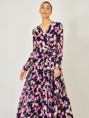 أزرق - Yumi Orchid Floral Pleated Wrap Maxi Dress - صورة 3 من 5