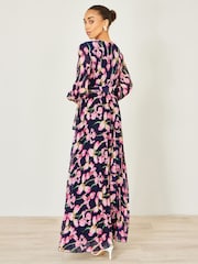 أزرق - Yumi Orchid Floral Pleated Wrap Maxi Dress - صورة 5 من 5