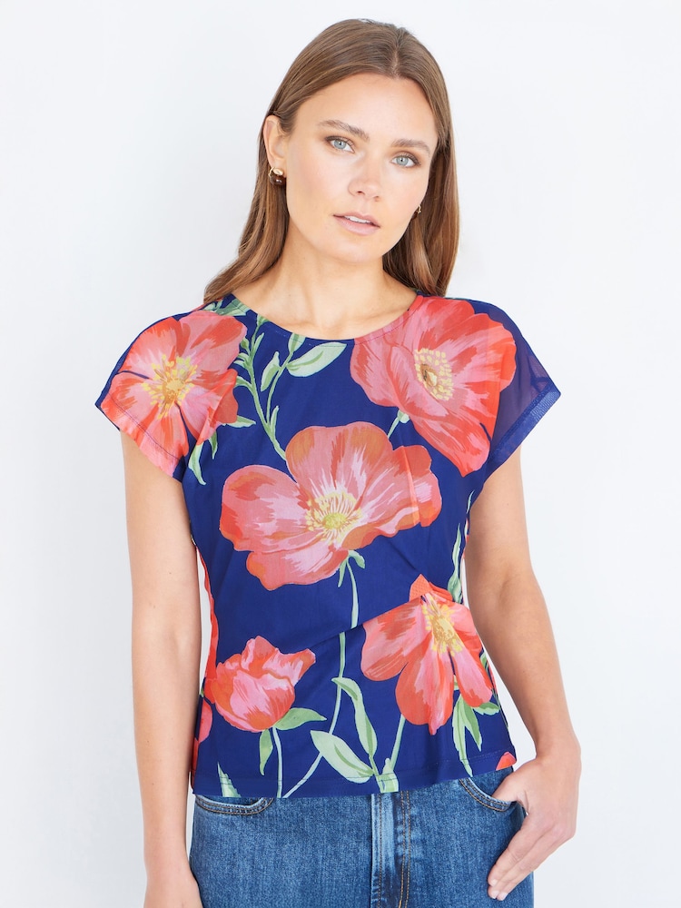 Yumi Blue Poppy Mesh Top - Image 1 of 5
