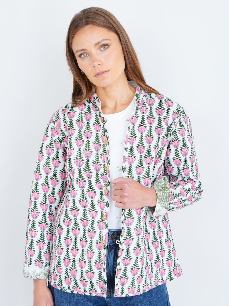Yumi Green Printed Reversible Cotton Quilted Jacket - Image 1 of 5