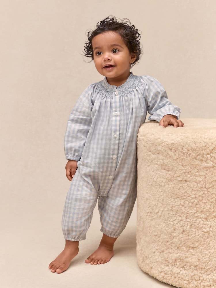 The White Company Cotton Poplin Mini Gingham Handsmocked Romper - Image 1 of 4 The White Company Cotton Poplin Mini Gingham Handsmocked Romper - Image 1 of 4