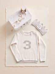 The White Company White Cotton Blend My 3rd Birthday Jumper & Crown Gift Set - Image 1 of 3