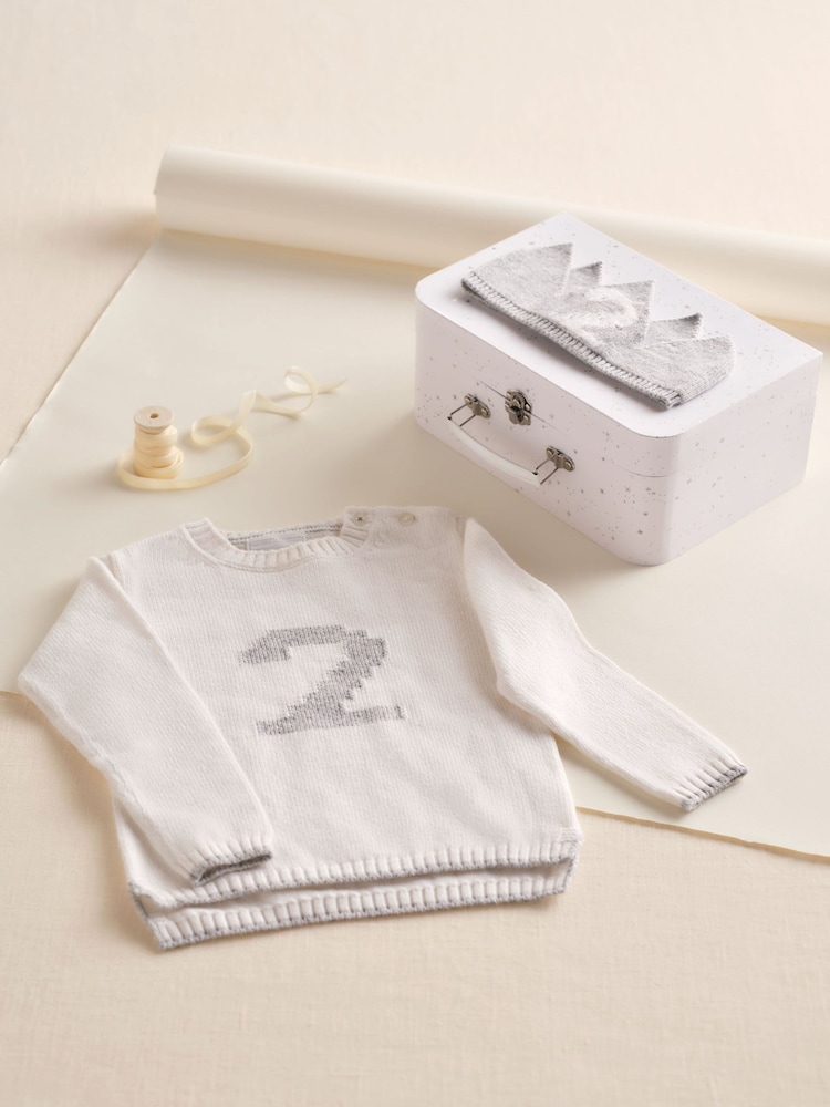The White Company White Cotton Blend My 2nd Birthday Jumper & Crown Gift Set - Image 1 of 3