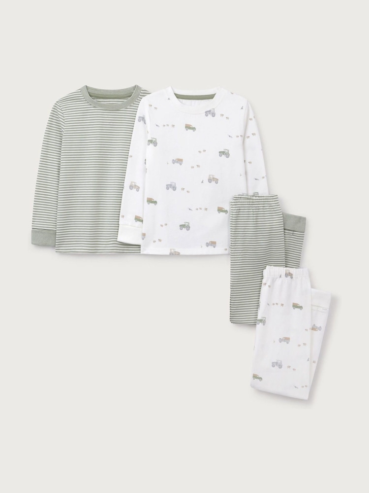 The White Company White Cotton Blend Farmyard & Stripe Slim Fit Pyjamas Set Of 2 - Image 1 of 2