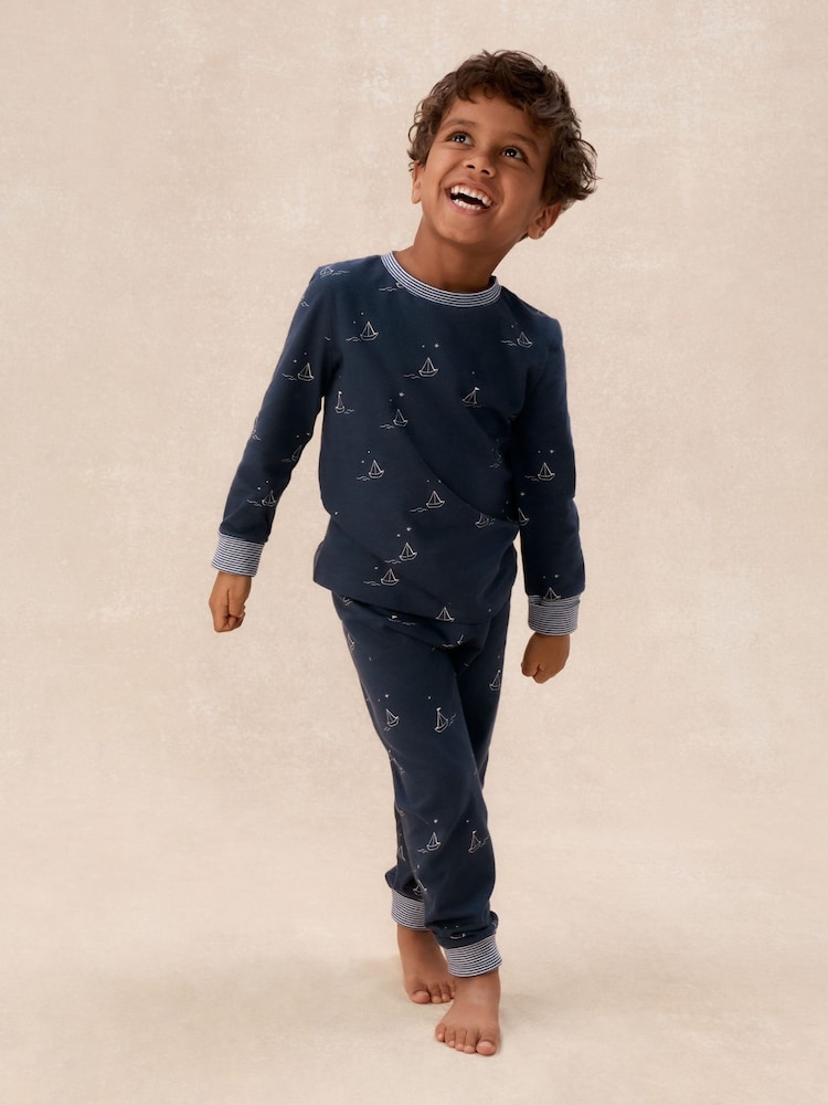 The White Company Blue Cotton Blend Glow In The Dark Paper Boats Slim Fit Pyjamas - Image 1 of 5