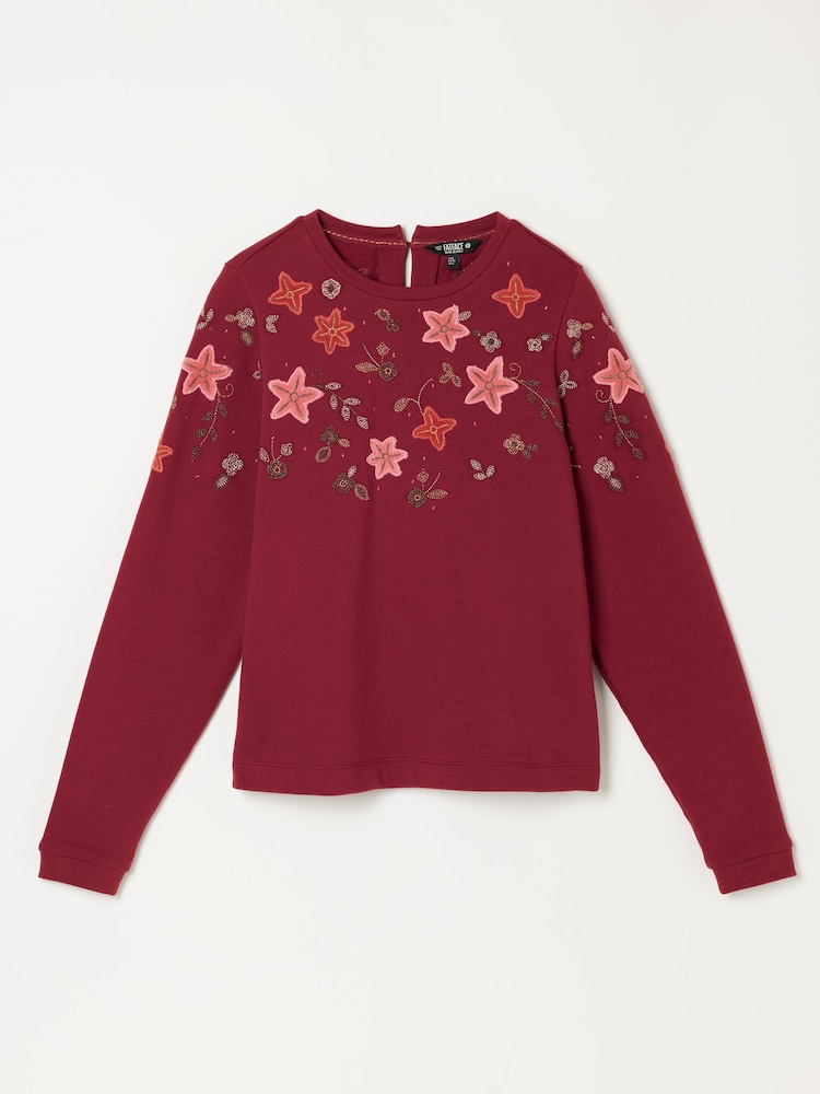 FatFace Jaz Burgundy Red Embroidered Floral Crew Sweat Top - Image 1 of 2 FatFace Jaz Burgundy Red Embroidered Floral Crew Sweat Top - Image 1 of 2