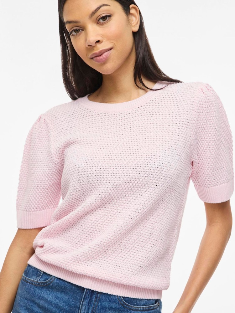 VILA Pink O-Neck Short Sleeve Textured Knit Top - Image 1 of 5