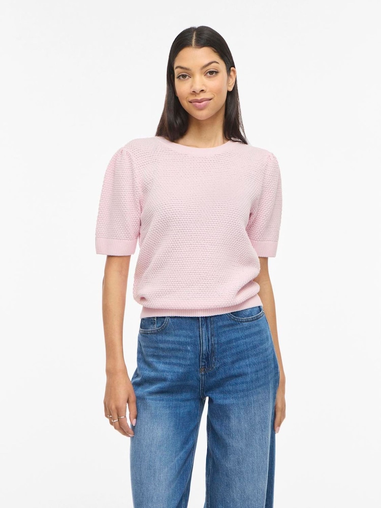 VILA Pink O-Neck Short Sleeve Textured Knit Top - Image 2 of 5