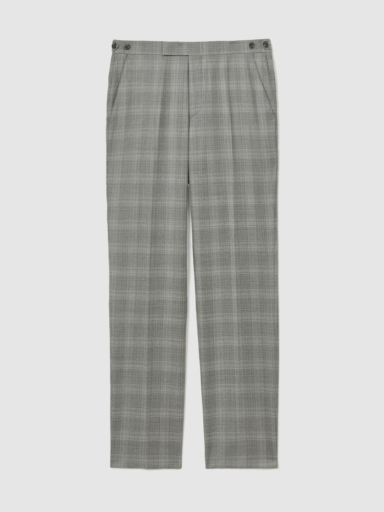 Reiss Light Grey Steal Classic Fit Wool Check Side-Adjuster Suit Trousers - Image 2 of 6 Reiss Light Grey Steal Classic Fit Wool Check Side-Adjuster Suit Trousers - Image 2 of 6