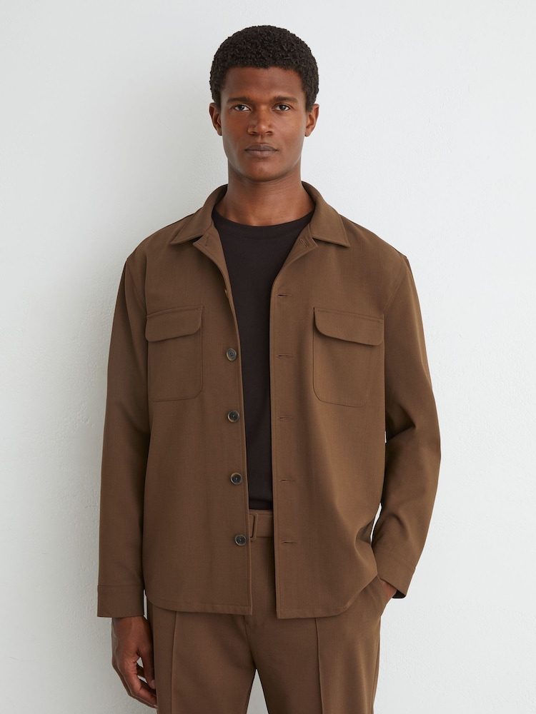 Reiss Tobacco Brown Peshi Twin-Pocket Button-Through Overshirt - Image 1 of 6