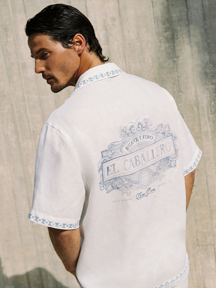 Reiss White Cubana Cotton-Linen Slogan-Print Shirt - Image 1 of 9