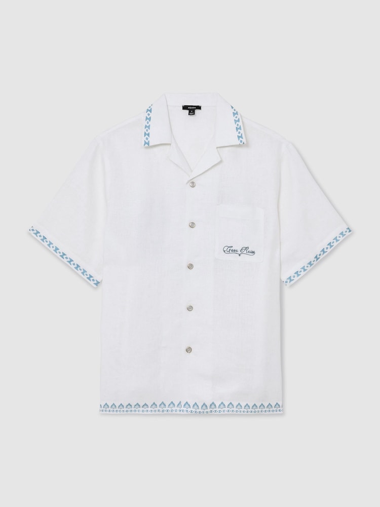 Reiss White Cubana Cotton-Linen Slogan-Print Shirt - Image 2 of 9