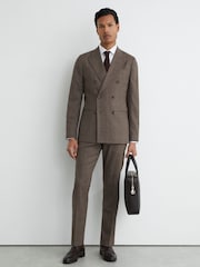 Reiss Chocolate Brown Penso Wool-Blend Check Classic-Fit Suit Trousers - Image 1 of 6