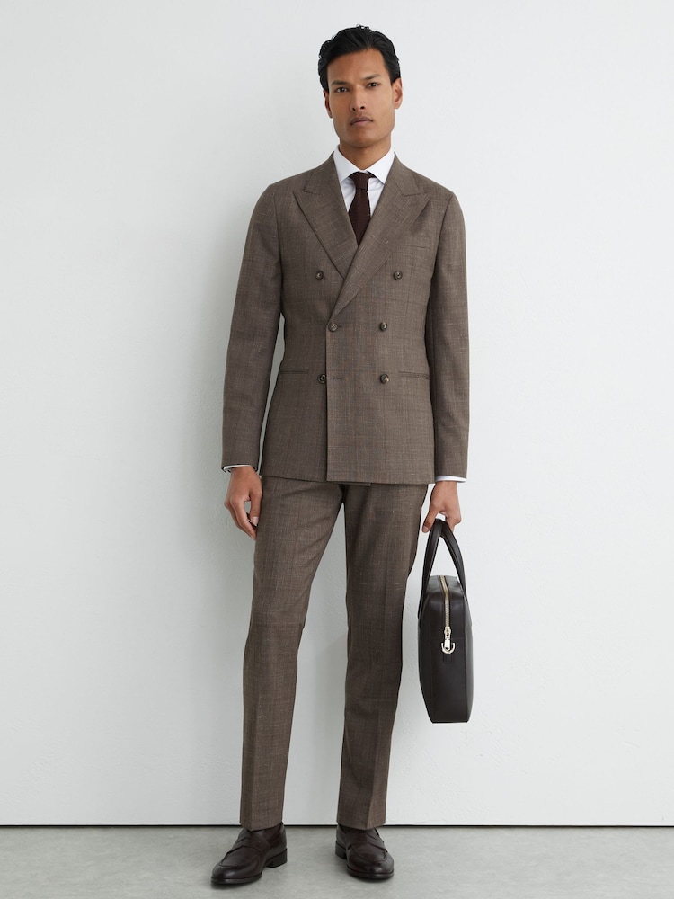 Reiss Chocolate Brown Penso Wool-Blend Check Classic-Fit Suit Trousers - Image 1 of 6
