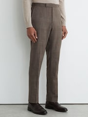 Reiss Chocolate Brown Penso Wool-Blend Check Classic-Fit Suit Trousers - Image 3 of 6