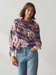 Navy/Pink Floral Wool Lightweight Scarf - Image 1 of 8