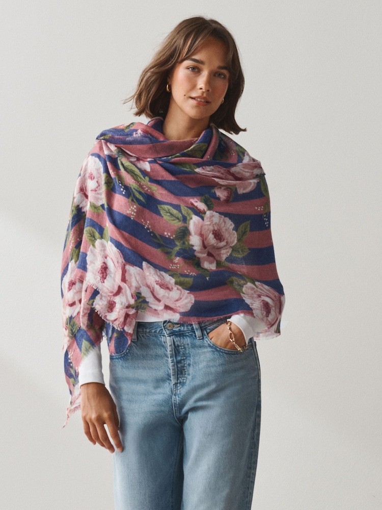 Navy/Pink Floral Wool Lightweight Scarf - Image 1 of 8