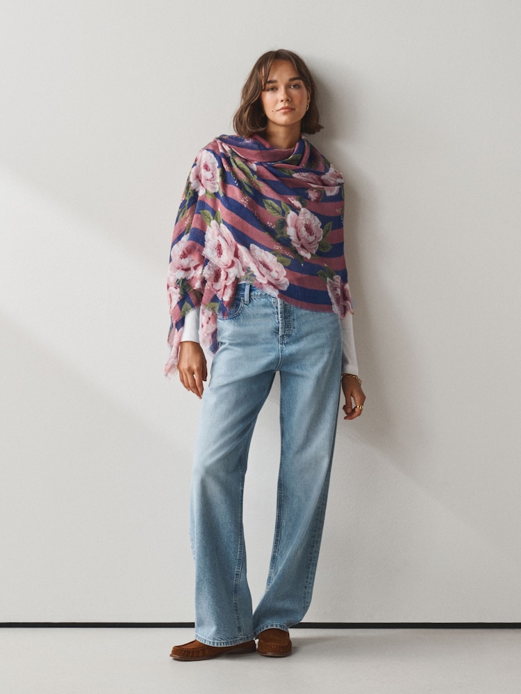 Navy/Pink Floral Wool Lightweight Scarf - Image 2 of 8