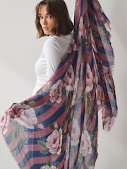 Navy/Pink Floral Wool Lightweight Scarf - Image 4 of 8