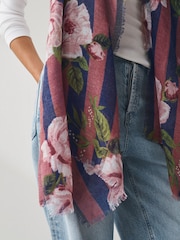 Navy/Pink Floral Wool Lightweight Scarf - Image 5 of 8