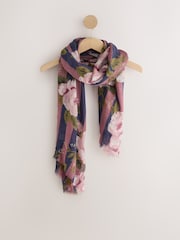 Navy/Pink Floral Wool Lightweight Scarf - Image 6 of 8