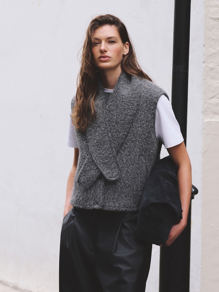 Charcoal Grey Scardi Cover-Up Jacket with Removable Collar/ Scarf - Image 2 of 8 Charcoal Grey Scardi Cover-Up Jacket with Removable Collar/ Scarf - Image 2 of 8