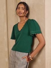 Love & Roses Forest Green Petite Scallop V-Neck T-Shirt - Image 4 of 4
