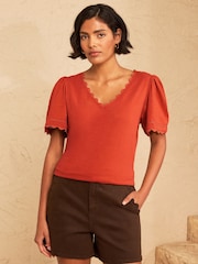 Love & Roses Bright Orange Petite Scallop V-Neck T-Shirt - Image 1 of 4