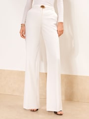 Lipsy x Gemma Owen Ecru Petite Relaxed Flare Tailored Trousers with Belt - Image 2 of 5