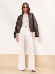 Lipsy x Gemma Owen Ecru Petite Relaxed Flare Tailored Trousers with Belt - Image 3 of 5