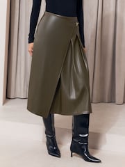 Lipsy Olive Green Faux Leather Gold Trim Pleated Midi Skirt - Image 2 of 4