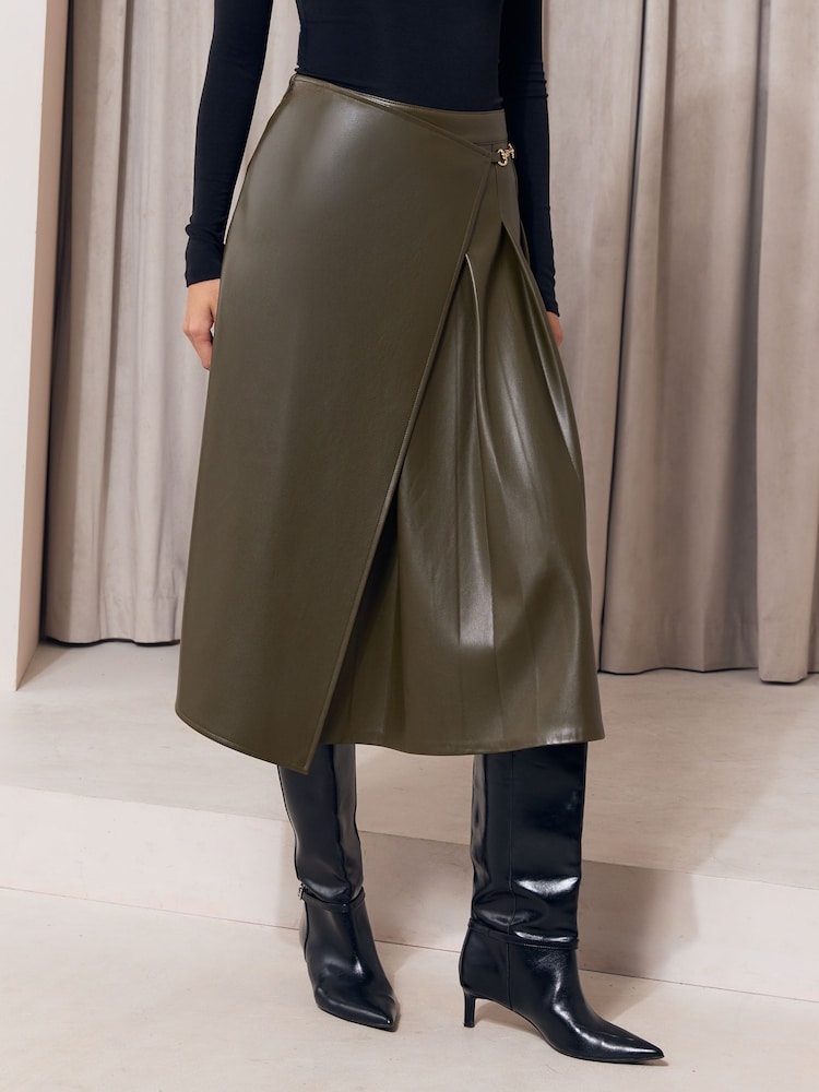 Lipsy Olive Green Faux Leather Gold Trim Pleated Midi Skirt - Image 2 of 4