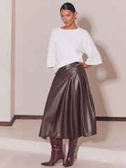 Lipsy Chocolate Brown Faux Leather Gold Trim Pleated Midi Skirt - Image 1 of 5