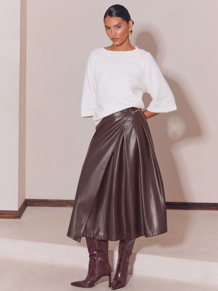 Lipsy Chocolate Brown Faux Leather Gold Trim Pleated Midi Skirt - Image 1 of 5 Lipsy Chocolate Brown Faux Leather Gold Trim Pleated Midi Skirt - Image 1 of 5