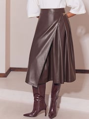 Lipsy Chocolate Brown Faux Leather Gold Trim Pleated Midi Skirt - Image 2 of 5