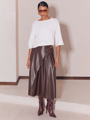 Lipsy Chocolate Brown Faux Leather Gold Trim Pleated Midi Skirt - Image 4 of 5
