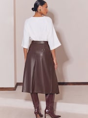 Lipsy Chocolate Brown Faux Leather Gold Trim Pleated Midi Skirt - Image 5 of 5