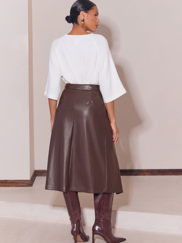 Lipsy Chocolate Brown Faux Leather Gold Trim Pleated Midi Skirt - Image 5 of 5 Lipsy Chocolate Brown Faux Leather Gold Trim Pleated Midi Skirt - Image 5 of 5