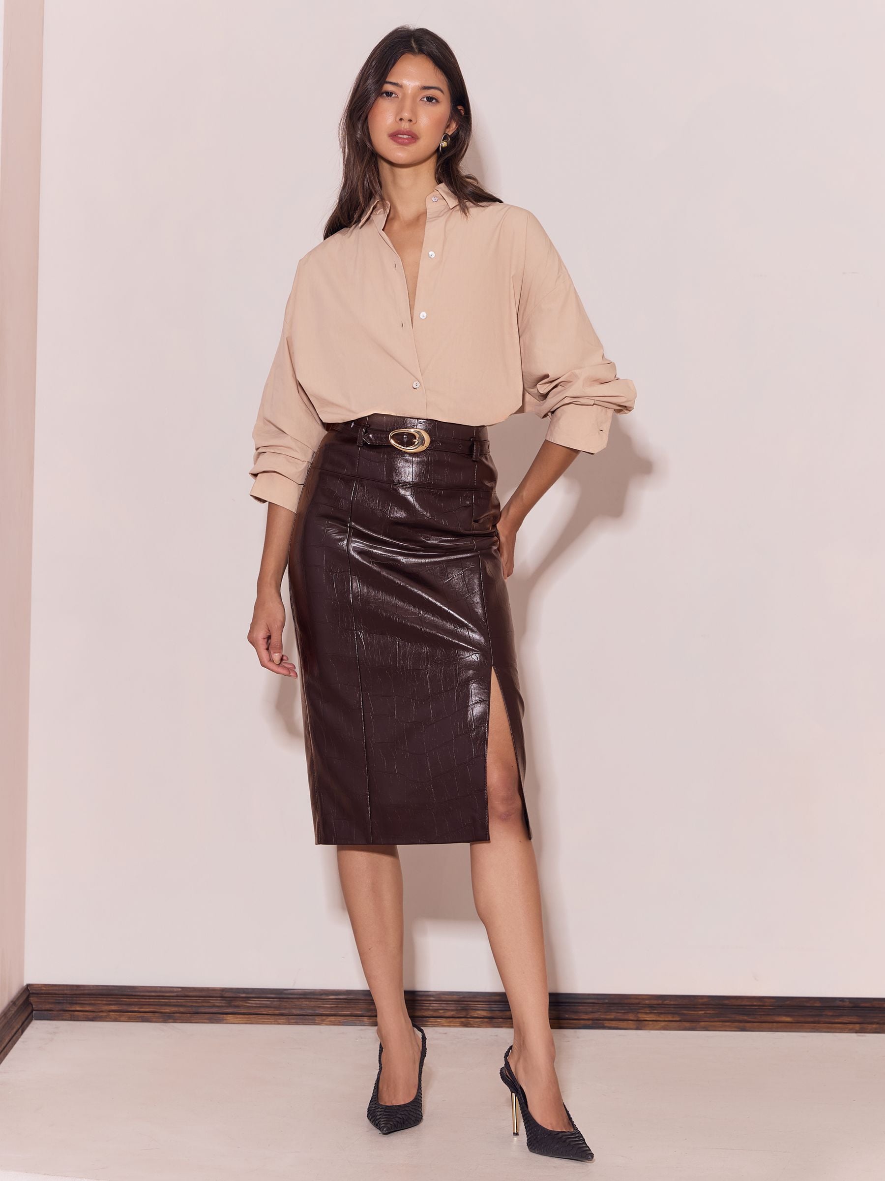Buy Lipsy Chocolate Brown Croc Faux Leather Belted Side Split Midi