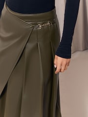 Lipsy Olive Green Petite Faux Leather Gold Trim Pleated Midi Skirt - Image 2 of 4