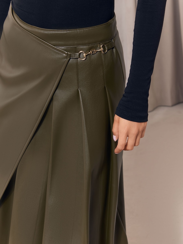 Lipsy Olive Green Petite Faux Leather Gold Trim Pleated Midi Skirt - Image 2 of 4