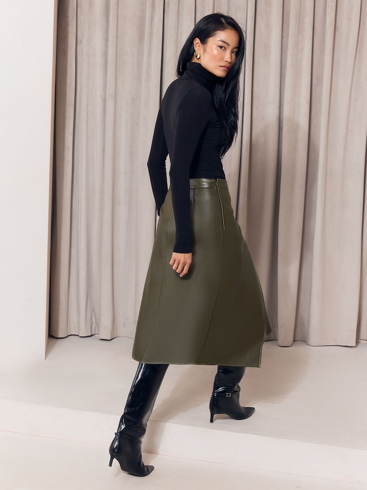 Lipsy Olive Green Petite Faux Leather Gold Trim Pleated Midi Skirt - Image 4 of 4