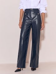 Lipsy Navy Faux Leather Tailored Wide Leg Trousers - Image 1 of 6