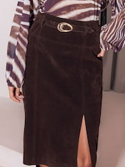 Lipsy Chocolate Brown Petite Belted Side Split Midi Skirt - Image 4 of 5