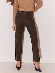 Lipsy Chocolate Brown Petite Faux Leather Straight Leg Trousers - Image 2 of 6