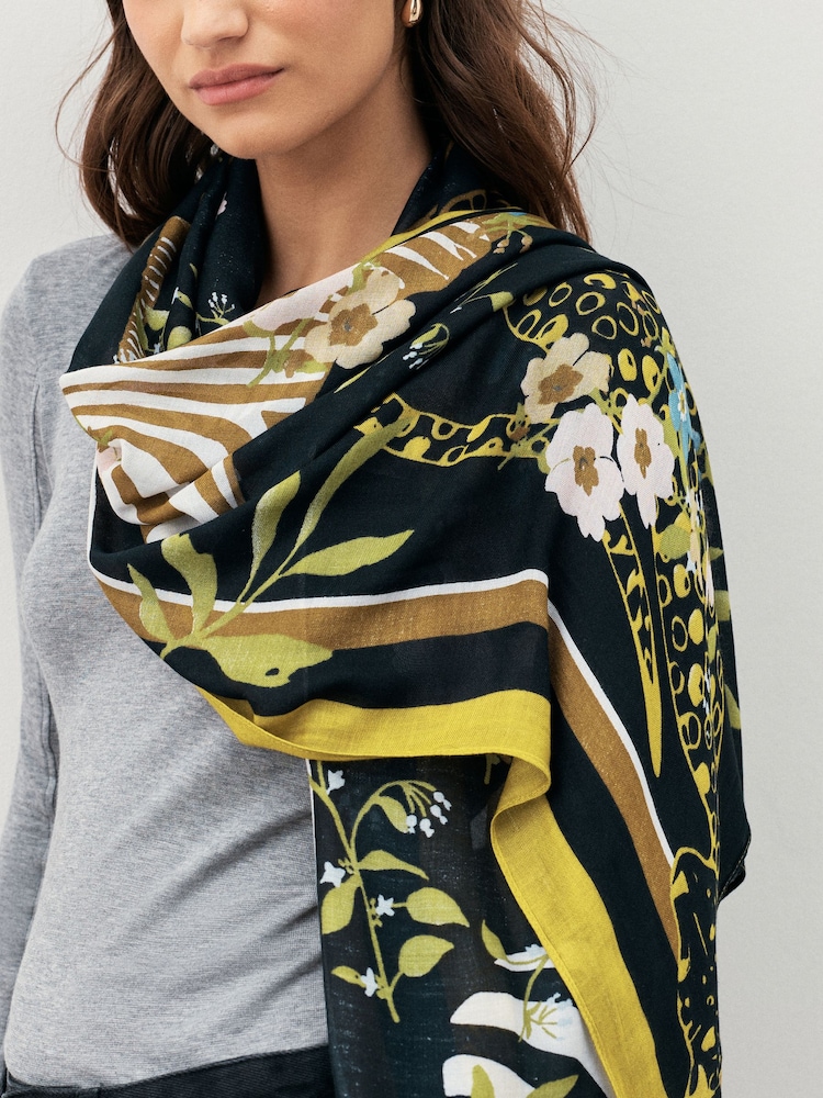 Black/Gold Floral Print Lightweight Scarf - Image 4 of 4 Black/Gold Floral Print Lightweight Scarf - Image 4 of 4