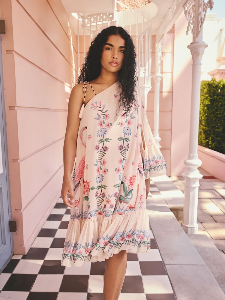 Cath Kidston Ecru One Shoulder Flamingo Dress - Image 1 of 3