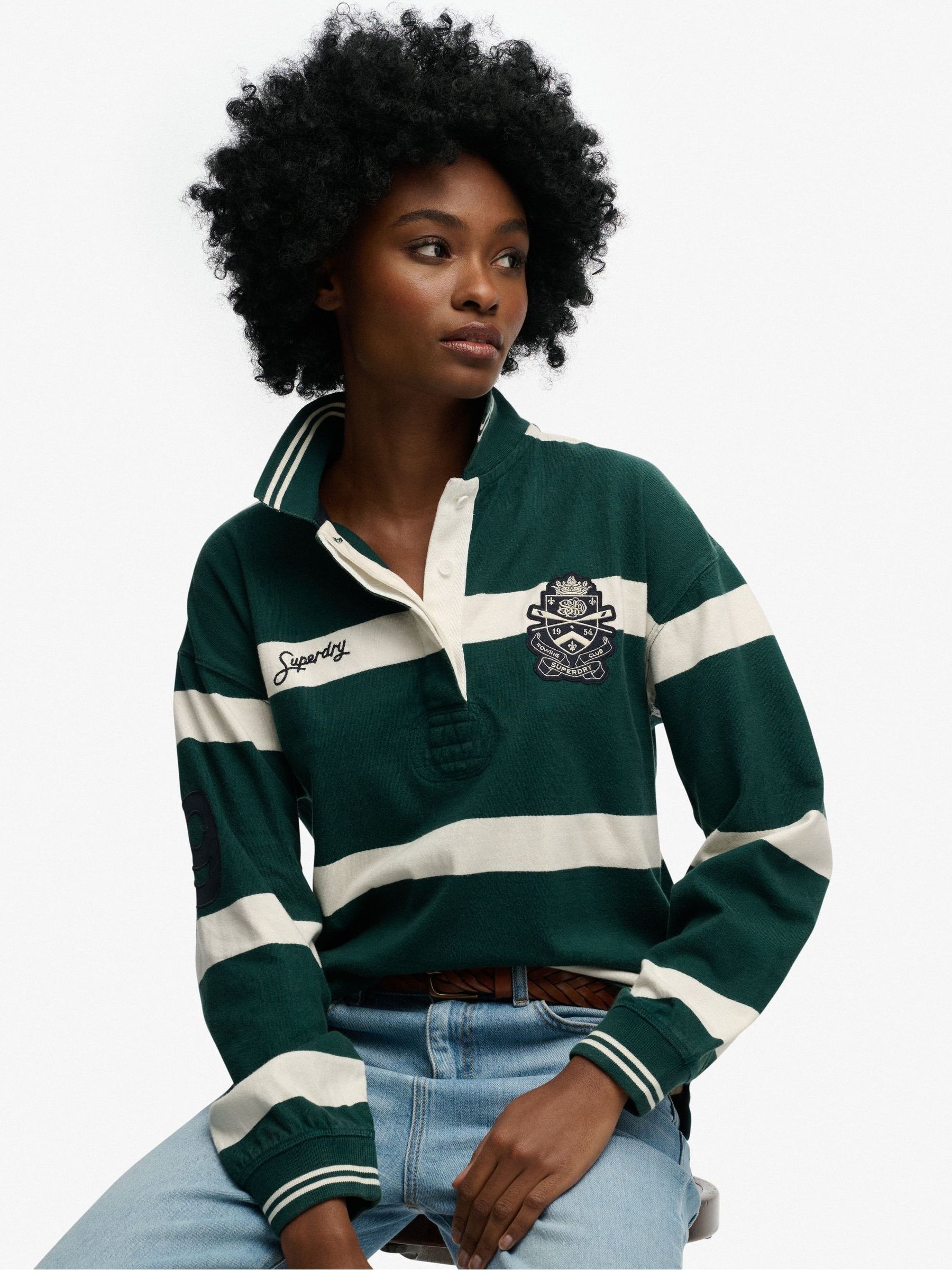 Superdry Women's Green Crest Stripe Rugby Shirt - Image 1