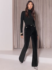 Lipsy x Gemma Owen Black Velvet High Waist Glam Flare Leg Jeans - Image 8 of 9